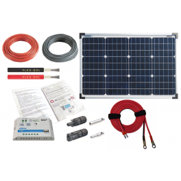 Kit panneau solaire photovoltaiïque monocristallin 50W / 12V avec régulateur de charge et accessoires de cablage